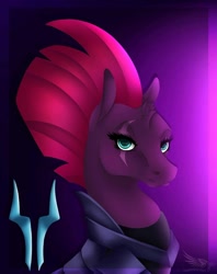 Size: 1280x1615 | Tagged: safe, artist:toxicartiststudio, imported from derpibooru, tempest shadow, pony, unicorn, armor, broken horn, bust, eye scar, female, horn, mare, scar, solo