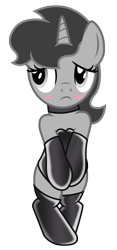 Size: 454x973 | Tagged: safe, artist:darkstorm619, deleted from derpibooru, imported from derpibooru, oc, oc:dossier, pony, unicorn, fanfic:shadow of equestria, bipedal, blushing, clothes, collar, embarrassed, female, latex, leotard, mare, solo, stockings, thigh highs