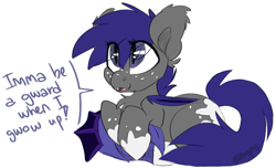 Size: 1515x922 | Tagged: safe, artist:spoopygander, imported from derpibooru, oc, oc only, oc:midnight blossom, bat pony, pony, bat ears, bat eyes, bat pony oc, bat wings, chest fluff, cute, ear fluff, fangs, female, filly, foal, freckles, helmet, hooves, looking up, markings, solo, text, wings