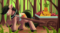 Size: 4767x2697 | Tagged: safe, artist:airiniblock, imported from derpibooru, oc, oc only, oc:fruitsallad, earth pony, pony, apple, banana, commission, food, forest, fruit, glasses, hooves, male, pineapple, rcf community, smiling, solo, stallion, wagon