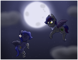 Size: 1320x1020 | Tagged: safe, artist:lazerblues, imported from derpibooru, oc, bat pony, pony, bat pony oc, clothes, flower, flower in hair, moon, socks, striped socks