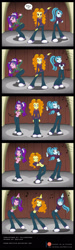 Size: 800x2672 | Tagged: safe, artist:niban-destikim, imported from derpibooru, adagio dazzle, aria blaze, sonata dusk, equestria girls, rainbow rocks, belly button, belly dance, clothes, comic, commission, converse, dancing, dialogue, gem, midriff, music notes, patreon, patreon logo, shirt, shirt lift, shoes, siren gem, stage, surprised, the dazzlings