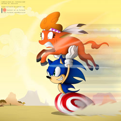 Size: 900x901 | Tagged: safe, artist:niban-destikim, artist:supersaiyand, imported from derpibooru, little strongheart, anthro, buffalo, fanfic:break the walls down, appleloosa, author:supersaiyand, carrying, commission, crossover, desert, fanfic art, gotta go fast, indigenous, motion blur, patreon, patreon logo, running, sonic the hedgehog, sonic the hedgehog (series), wheel o feet, wide eyes