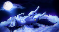 Size: 2713x1474 | Tagged: safe, artist:greenleafy1, imported from derpibooru, soarin', pony, cloud, male, moon, night, sleeping, solo