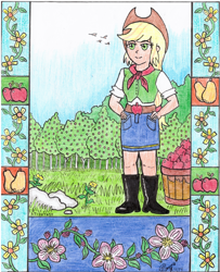 Size: 2788x3440 | Tagged: safe, artist:php71, deleted from derpibooru, imported from derpibooru, applejack, equestria girls, apple, apple tree, boots, flower, food, ivan bilibin, pear, rubber boots, shoes, solo, traditional art, tree