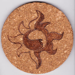 Size: 894x894 | Tagged: safe, artist:malte279, imported from derpibooru, sunset shimmer, coaster, cork, craft, cutie mark, pyrography, traditional art