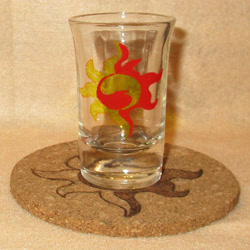 Size: 1476x1476 | Tagged: safe, artist:malte279, imported from derpibooru, sunset shimmer, coaster, cork, craft, cutie mark, glass, glass painting, pyrography, shot glass, traditional art