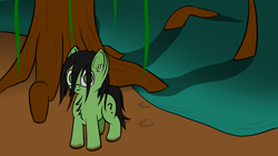 Size: 3840x2160 | Tagged: safe, artist:shpoople, imported from derpibooru, oc, oc:filly anon, dirty, female, filly, messy mane, mud, muddy, roots, swamp, swamp monster, tree, water