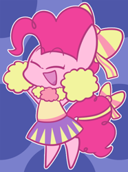 Size: 496x668 | Tagged: safe, artist:typhwosion, imported from derpibooru, pinkie pie, earth pony, pony, bipedal, bow, cheerleader, cheerleader outfit, cheerleader pinkie, clothes, cute, diapinkes, eyes closed, female, hair bow, mare, open mouth, pleated skirt, pom pom, skirt, solo, tail bow