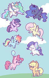 Size: 1206x1920 | Tagged: safe, artist:typhwosion, imported from derpibooru, applejack, fluttershy, pinkie pie, princess celestia, princess luna, rainbow dash, rarity, twilight sparkle, alicorn, earth pony, pegasus, pony, unicorn, :3, balloon, butterfly wings, chibi, cloud, cowboy hat, crown, cute, cutelestia, dashabetes, diapinkes, eyes closed, female, floating, flying, hat, jackabetes, jewelry, lunabetes, mare, open mouth, peytral, raribetes, regalia, shyabetes, sky, then watch her balloons lift her up to the sky, twiabetes, twilight sparkle (alicorn)