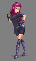 Size: 1195x2000 | Tagged: safe, artist:thebrokencog, imported from derpibooru, tempest shadow, human, my little pony: the movie, armor, elf ears, female, gray background, hand on hip, humanized, orb, simple background, solo, unconvincing armor