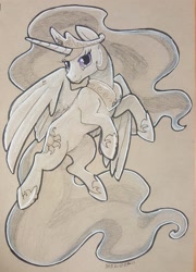 Size: 2160x3000 | Tagged: safe, artist:darkodraco, imported from derpibooru, princess celestia, alicorn, pony, colored pencil drawing, ethereal mane, female, hoof shoes, ink drawing, jewelry, looking at you, mare, partial color, peytral, regalia, simple background, sketch, smiling, solo, traditional art