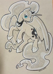 Size: 2158x3000 | Tagged: safe, artist:darkodraco, imported from derpibooru, princess luna, alicorn, pony, colored pencil drawing, ethereal mane, female, hoof shoes, ink drawing, jewelry, lidded eyes, looking at you, mare, partial color, peytral, regalia, simple background, sketch, smiling, solo, starry mane, traditional art