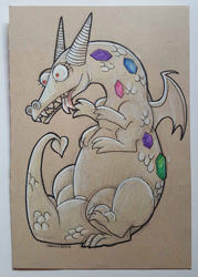 Size: 1075x1500 | Tagged: safe, artist:darkodraco, imported from derpibooru, crackle, dragon, colored pencil drawing, dragoness, female, ink drawing, open mouth, partial color, simple background, sketch, solo, teeth, tongue out, traditional art