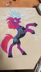 Size: 1688x3000 | Tagged: safe, artist:darkodraco, imported from derpibooru, tempest shadow, pony, unicorn, my little pony: the movie, armor, bipedal, broken horn, eye scar, female, hoof shoes, horn, ink drawing, magic, mare, open mouth, scar, solo, sparking horn, traditional art