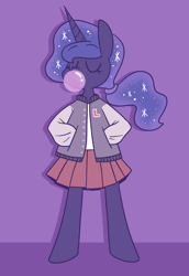 Size: 1280x1858 | Tagged: safe, artist:typhwosion, imported from derpibooru, princess luna, alicorn, semi-anthro, alternate hairstyle, bubblegum, clothes, cute, ethereal mane, eyes closed, female, food, gum, hooves in pockets, letterman jacket, lunabetes, pleated skirt, ponytail, skirt, solo, starry mane, varsity jacket