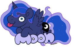 Size: 900x582 | Tagged: safe, artist:darkodraco, imported from derpibooru, princess luna, alicorn, pony, derp, female, mare, simple background, smiling, solo, spread wings, tongue out, white background, wings