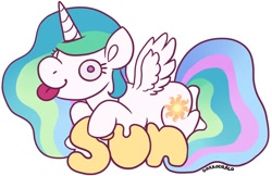 Size: 900x582 | Tagged: safe, artist:darkodraco, imported from derpibooru, princess celestia, alicorn, pony, derp, female, mare, simple background, smiling, solo, spread wings, tongue out, white background, wings