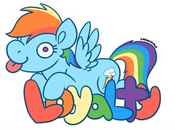 Size: 900x666 | Tagged: safe, alternate version, artist:darkodraco, imported from derpibooru, part of a set, rainbow dash, pegasus, pony, derp, element of loyalty, female, mare, simple background, smiling, solo, spread wings, tongue out, white background, wings