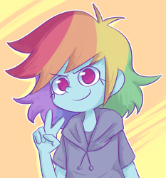 Size: 1107x1187 | Tagged: safe, artist:typhwosion, imported from derpibooru, rainbow dash, human, alternate hairstyle, clothes, cute, dashabetes, female, haircut, hoodie, humanized, no pupils, peace sign, solo