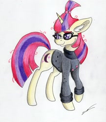 Size: 2383x2741 | Tagged: safe, artist:luxiwind, imported from derpibooru, moondancer, pony, unicorn, clothes, ear fluff, female, glasses, looking back, mare, solo, sweater, traditional art