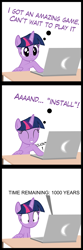 Size: 3150x9450 | Tagged: safe, artist:mrkat7214, imported from derpibooru, twilight sparkle, alicorn, pony, comic:twilight vs. computer, comic, computer, female, immortality blues, laptop computer, mare, solo, twilight sparkle (alicorn), twilight will outlive her friends