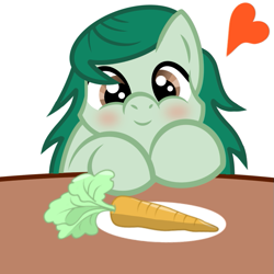 Size: 671x671 | Tagged: safe, artist:pizzamovies, derpibooru exclusive, imported from derpibooru, wallflower blush, earth pony, pony, blushing, carrot, cute, equestria girls ponified, female, food, heart, mare, plate, ponified, simple background, smiling, solo, table, wallflower and plants, white background