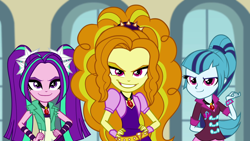 Size: 1920x1080 | Tagged: safe, imported from derpibooru, screencap, adagio dazzle, aria blaze, sonata dusk, equestria girls, rainbow rocks, canterlot high, female, gem, jewelry, necklace, pigtails, ponytail, siren gem, smiling, spiked headband, the dazzlings, trio, trio female, twintails