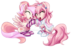 Size: 1600x1047 | Tagged: safe, artist:centchi, imported from derpibooru, oc, oc only, oc:cuddle bug, oc:pompom merengue, earth pony, pegasus, pony, clothes, deviantart watermark, female, mare, obtrusive watermark, simple background, socks, striped socks, transparent background, watermark