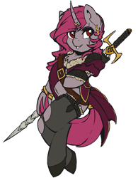 Size: 3272x4192 | Tagged: safe, artist:beardie, imported from derpibooru, oc, oc only, oc:nyxvella, semi-anthro, bipedal, cape, clothes, curved horn, ear piercing, eye scar, garter belt, garters, horn, horn jewelry, horn ring, jewelry, lingerie, piercing, ring, scar, socks, solo, stockings, sword, thigh highs, weapon