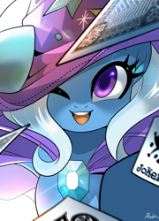 Size: 1441x2000 | Tagged: dead source, safe, artist:renokim, imported from derpibooru, trixie, pony, unicorn, cape, clothes, cute, diatrixes, female, hat, mare, one eye closed, open mouth, playing card, signature, trixie's cape, trixie's hat, wink