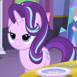 Size: 720x719 | Tagged: safe, imported from derpibooru, screencap, starlight glimmer, pony, unicorn, no second prances, season 6, bedroom eyes, column, cropped, female, fork, lidded eyes, mare, plate, smiling, solo, spoon, suggestive smile, table, twilight's castle