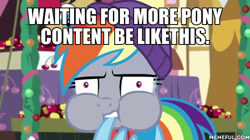 Size: 600x337 | Tagged: safe, edit, edited screencap, imported from derpibooru, screencap, rainbow dash, triple pony dare ya, caption, image macro, memeful.com, text