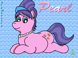 Size: 1280x957 | Tagged: safe, artist:puffydearlysmith, imported from derpibooru, cookie crumbles, pony, unicorn, chubby, ear piercing, earring, female, hair bun, hat, jewelry, mare, necklace, piercing, smiling