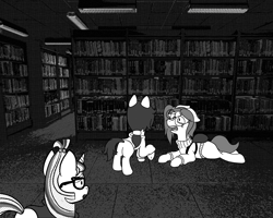 Size: 1280x1024 | Tagged: safe, artist:scraggleman, imported from derpibooru, moondancer, oc, oc:floor bored, oc:taku, earth pony, pony, unicorn, backpack, clothes, crooked glasses, crying, glasses, library, lying down, monochrome, story included, story:lost and found, sweater