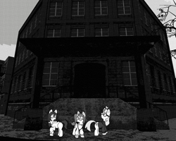 Size: 1280x1024 | Tagged: safe, artist:scraggleman, imported from derpibooru, moondancer, oc, oc:floor bored, oc:taku, pony, monochrome, outdoors, story included, story:lost and found, vulgar description