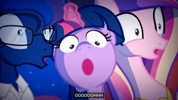 Size: 1366x768 | Tagged: safe, artist:2snacks, imported from derpibooru, princess cadance, princess luna, twilight sparkle, alicorn, pony, two best sisters play, aunt and niece, caption, female, glasses, mare, meme, twilight sparkle (alicorn), youtube caption