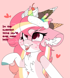 Size: 1329x1475 | Tagged: safe, artist:jup1t3r, imported from derpibooru, oc, oc only, earth pony, pony, bust, cherry, chest fluff, coat markings, colored hooves, cute, dialogue, ear fluff, female, floppy ears, food, heart, ice cream, mare, ocbetes, open mouth, pink background, simple background, smiling, socks (coat marking), socks (coat markings), solo, speech bubble, text