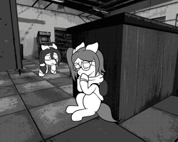 Size: 1280x1024 | Tagged: safe, artist:scraggleman, imported from derpibooru, oc, oc only, oc:floor bored, oc:taku, earth pony, pony, backpack, clothes, female, glasses, mare, monochrome, scared, sitting, story included, story:lost and found, sweater, teary eyes