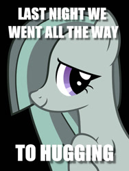 Size: 750x1000 | Tagged: safe, imported from derpibooru, marble pie, earth pony, pony, caption, female, hair over one eye, image macro, mare, meme, painfully innocent marble, solo, text