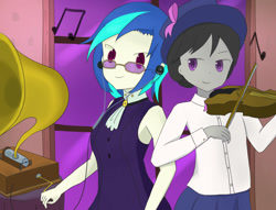 Size: 1706x1300 | Tagged: safe, artist:maomao9, imported from derpibooru, dj pon-3, octavia melody, vinyl scratch, a hearth's warming tail, equestria girls, bow, clothes, female, glasses, gramophone, hat, lesbian, looking at each other, music notes, musical instrument, scratchtavia, shipping, short hair, skirt, sleeveless, victrola scratch, violin, window