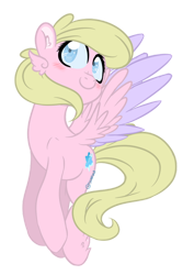 Size: 600x900 | Tagged: safe, artist:sinamuna, imported from derpibooru, oc, oc only, oc:daffodil sky, pegasus, pony, au:equuis, base used, blonde hair, blue eyes, blushing, cutie mark, feathered fetlocks, feathered hooves, female, flying, mare, redesign, smiling, updated design, wings