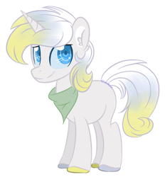 Size: 600x646 | Tagged: safe, artist:sinamuna, imported from derpibooru, oc, oc only, oc:flurry valor, pony, unicorn, au:equuis, bandana, base used, blonde hair, blue eyes, blue hair, colored hooves, horn, male, multicolored hair, redesign, smiling, solo, stallion, updated design, white hair