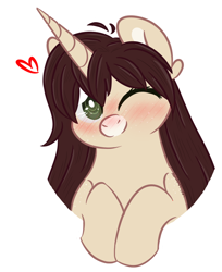 Size: 600x737 | Tagged: safe, artist:sinamuna, imported from derpibooru, oc, oc only, oc:cinnamon fawn, pony, unicorn, base used, blushing, brown hair, bust, chubby, cute, female, freckles, green eyes, hazel eyes, heart, hooves together, horn, long hair, mare, one eye closed, ponysona, smiling, solo, wink