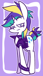 Size: 838x1473 | Tagged: safe, artist:typhwosion, imported from derpibooru, rarity, pony, unicorn, it isn't the mane thing about you, alternate hairstyle, clothes, cute, female, lidded eyes, punk, raribetes, raripunk, solo