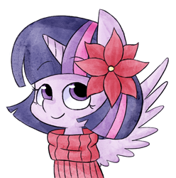 Size: 1280x1290 | Tagged: safe, artist:typhwosion, imported from derpibooru, twilight sparkle, alicorn, pony, alternate hairstyle, bust, clothes, cute, female, flower, flower in hair, haircut, mare, simple background, solo, sweater, turtleneck, twiabetes, twilight sparkle (alicorn), white background