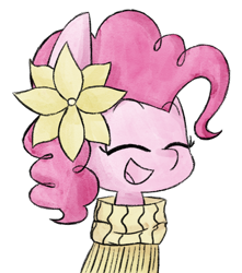 Size: 1140x1290 | Tagged: safe, artist:typhwosion, imported from derpibooru, pinkie pie, earth pony, pony, bust, clothes, cute, diapinkes, eyes closed, female, flower, flower in hair, open mouth, simple background, solo, sweater, turtleneck, white background