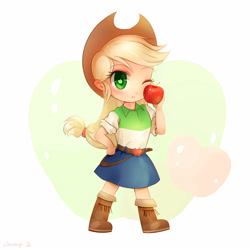 Size: 3000x3000 | Tagged: safe, artist:jeremywithlove, imported from derpibooru, applejack, human, equestria girls, apple, boots, clothes, cowboy hat, cute, cutie mark eyes, female, food, hat, humanized, jackabetes, shoes, smiling, solo, stetson, wingding eyes