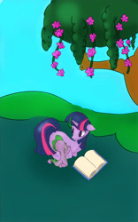 Size: 825x1320 | Tagged: safe, artist:kluxredyard, imported from derpibooru, spike, twilight sparkle, pony, unicorn, baby, baby spike, book, cute, mama twilight, tree, unicorn twilight, young