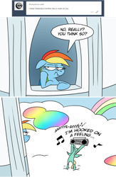 Size: 721x1108 | Tagged: safe, artist:fractiouslemon, imported from derpibooru, rainbow dash, zephyr breeze, pegasus, pony, ask rainbow dash, annoyed, ask, b.j. thomas, bipedal, blue swede, cheek squish, dialogue, female, floppy ears, hooked on a feeling, lyrics, male, music notes, no pupils, nose wrinkle, profile, radio, rainbow, rainbow dash is not amused, reference, sarcasm, say anything, shipping, speech bubble, squishy cheeks, straight, text, tumblr, tumblr comic, unamused, zephdash